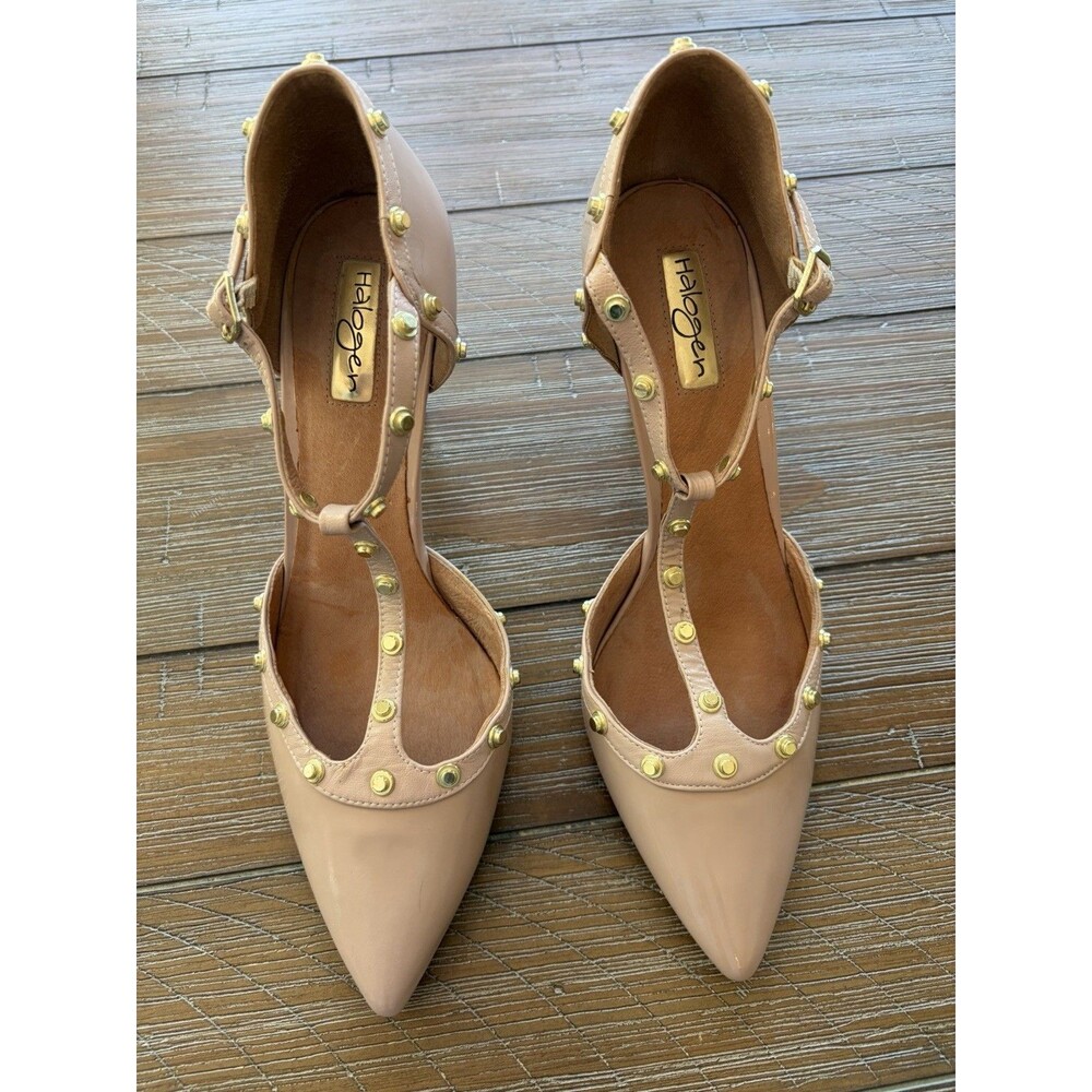 Halogen Beige Nude Martine Studded T Strap Pump Pointed Toe